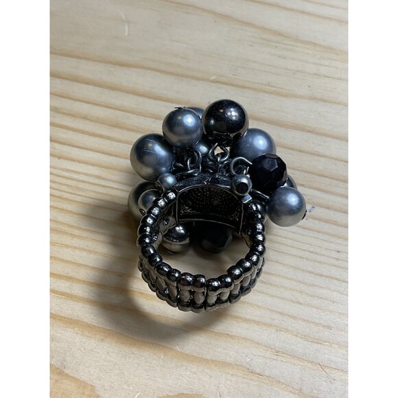 Black Beaded ChaCah Stretch Ring With Clustered Faux Pearls - Picture 3 of 3